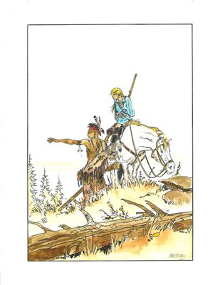 dessin représentant un homme à cheval avec une femme à ses côtés