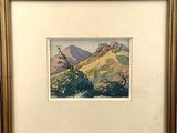 an image of a painting of a mountain scene with trees in the foreground