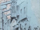 dessin représentant une scène de rue avec des personnages et un bâtiment en arrière-plan