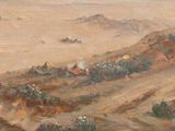 an oil painting of a desert scene with a horse in the foreground and hills in the background