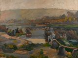 painting of a painting of a boat on a river with people in the background