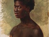 an oil painting of a woman with a black head and a white background