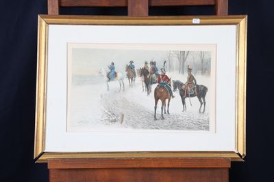 tableau représentant un groupe de personnes à cheval dans la neige