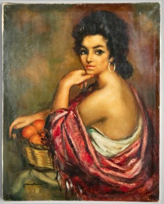 un tableau représentant une femme tenant un panier de fruits à la main