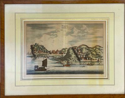 painting of a boat in a body of water with a mountain in the background