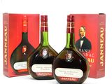 two bottles of brandy and a box of wine on a white surface