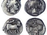 four ancient roman coins with a woman on one side and a horse on the other