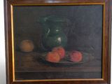 painting of a still life of peaches and a pitcher on a table