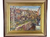 un tableau représentant une femme assise sur un banc devant une maison