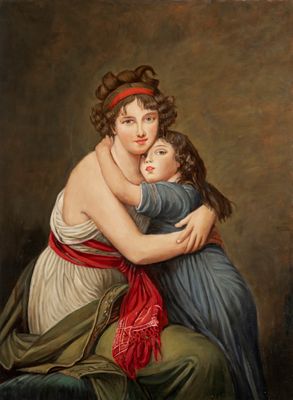 tableau représentant une femme et un enfant s'étreignant devant un tableau