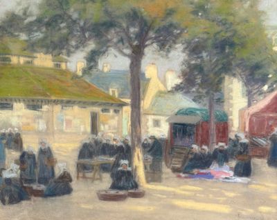 une peinture représentant un groupe de personnes assises sous un arbre
