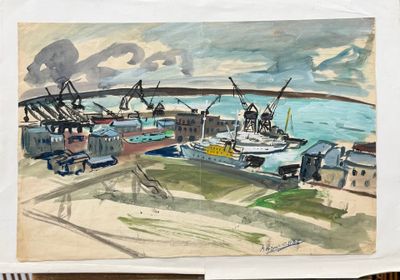 une photo d'un tableau représentant un port avec des bateaux