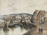 a painting of a harbor scene with boats in the water