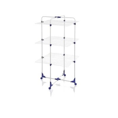 a white and blue three tiered drying rack with wheels