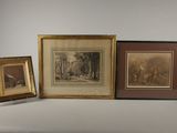 three framed pictures of a man and a woman on a bench