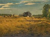 une image représentant une peinture d'une scène de vie à la ferme, avec un tracteur au premier plan