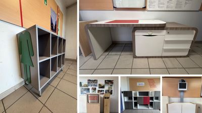 un collage de photos représentant une cuisine avec des réfrigérateurs et des placards
