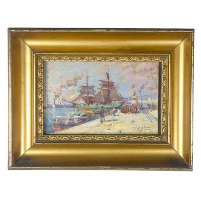 un tableau représentant un bateau sur l'eau, dans un cadre doré