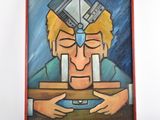 a painting of a man with a cell phone on his head