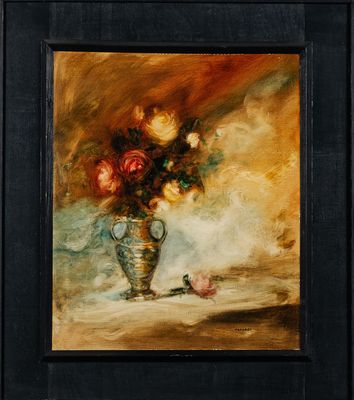 an oil painting of a vase with flowers in it on a table