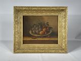 a painting of a bowl of fruit on a table with a white background