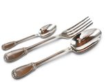 four spoons and two forks on a white surface