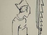 drawing of a man in a fireman ' s hat standing next to a fire hydrant