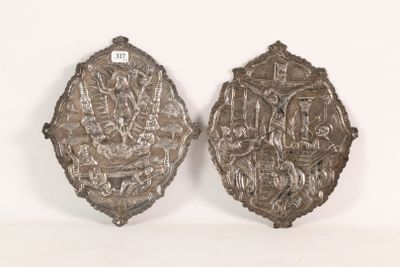 pair of antique silver plated wall plaques depicting the life of jesus and mary