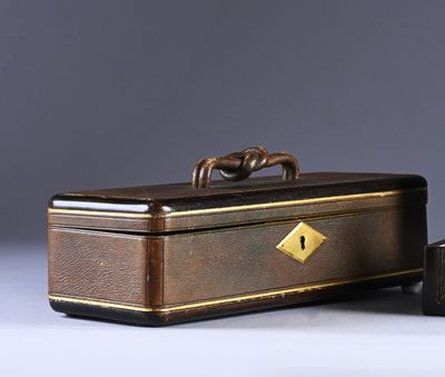 pair of antique suitcases with handles on a grey background