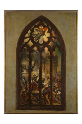 une peinture à l'huile représentant une fenêtre dans laquelle figure un tableau représentant des personnes