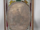 an old picture of a man riding a horse in a stained glass frame