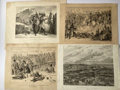 quatre gravures anciennes représentant des soldats et des scènes de combat sur la plage