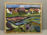 une peinture à l'huile représentant un paysage avec des maisons et une rivière