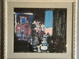 a painting on the wall of a room with a vase of flowers in it