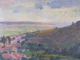 une peinture à l'huile représentant une vue d'une ville survolée par un oiseau