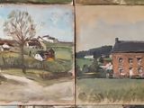 painting of a rural scene with houses and a farm in the background