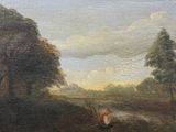 une peinture à l'huile représentant un homme en train de labourer un champ, avec un cheval au loin