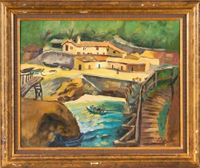 une peinture à l'huile représentant un pont enjambant un plan d'eau, avec un bâtiment en arrière-plan