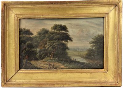 une peinture à l'huile représentant un paysage avec une rivière et des arbres