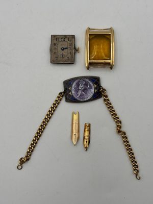 an image of a group of items including a watch, a watch chain, and a lighter