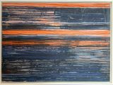abstract painting of blue, orange, and white stripes in a white frame