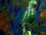a green parrot sitting on top of a wooden post