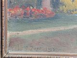 an oil painting of a park scene with a bench and trees