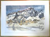 une photo d'un tableau représentant un village de montagne