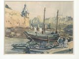 a painting of a group of boats on the water