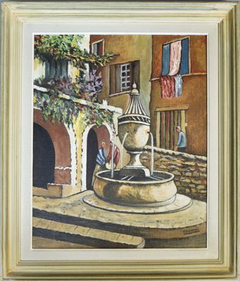 painting of a water fountain in front of a building with clothes hanging out to dry