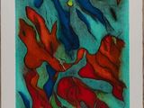 un tableau représentant un groupe de poissons nageant sous la pleine lune