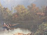 a painting of two people in a boat on the water