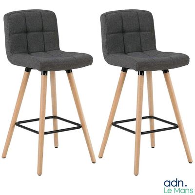 pair of grey fabric bar stools with wooden legs