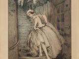 dessin représentant une femme en robe de bal montant un escalier